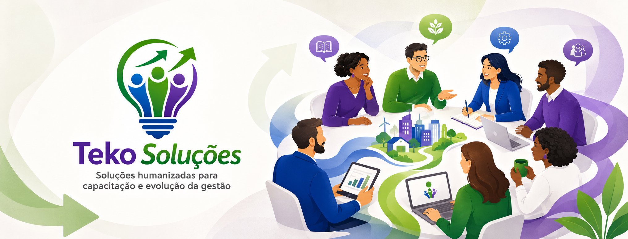 Ilustração de pessoas diversas compartilhando ideias em torno de uma mesa, com elementos de aprendizagem, tecnologia e sustentabilidade.